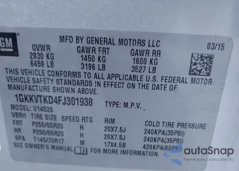 2015 GMC Acadia Denali z USA, uszkodzony, nr VIN 1GKKVTKD4FJ301938